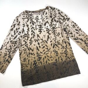 Chicos 3/4 Length Sleeve Ribbed Top Beige Browns Floral Pattern Size 1